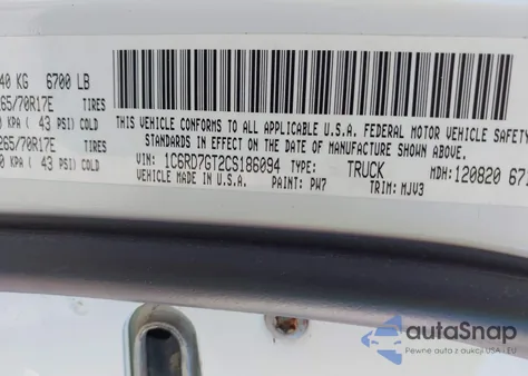 2012 Ram 1500 Slt z USA, uszkodzony, nr VIN 1C6RD7GT2CS186094